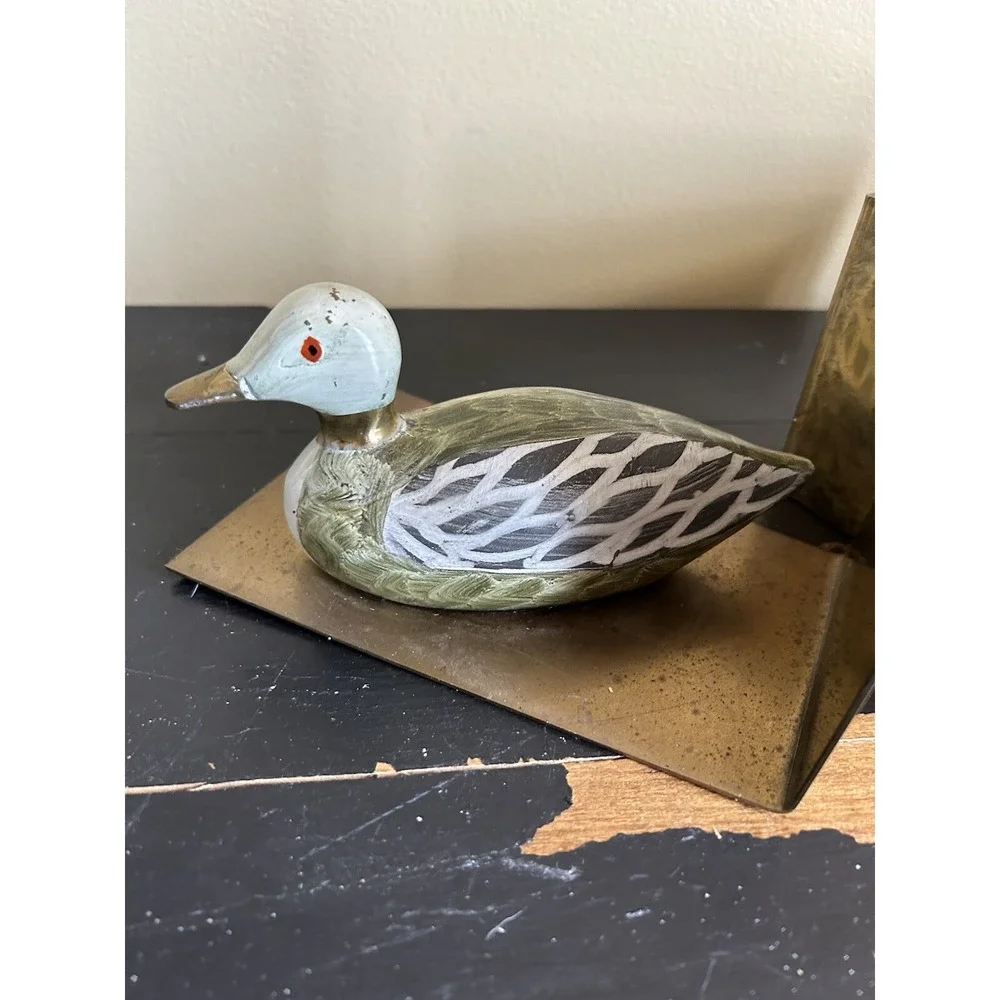 Vintage Hand Painted Enameled Brass Duck‎ Decoy Bookends